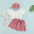 Lioraitiin 3Pcs Set 0-24M Newborn Baby Girl Clothes Cute Summer Off Shoulder Lace Tops+ Red Plaid Short Dress Headband Outfit - M & M Global