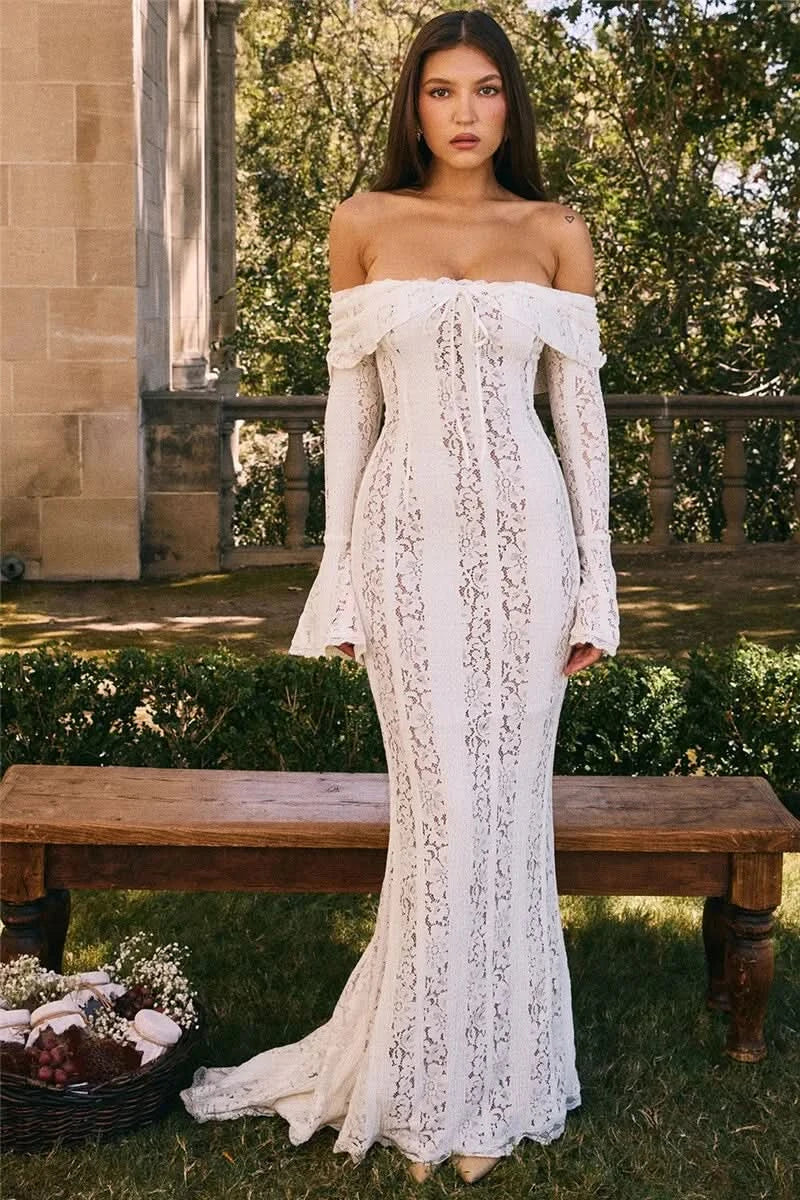 Mozision Floral Lace Off-shoulder Maxi Dress For Women White Strapless Backless Long Sleeve Bodycon Club Party Sexy Long Dress - M & M Global