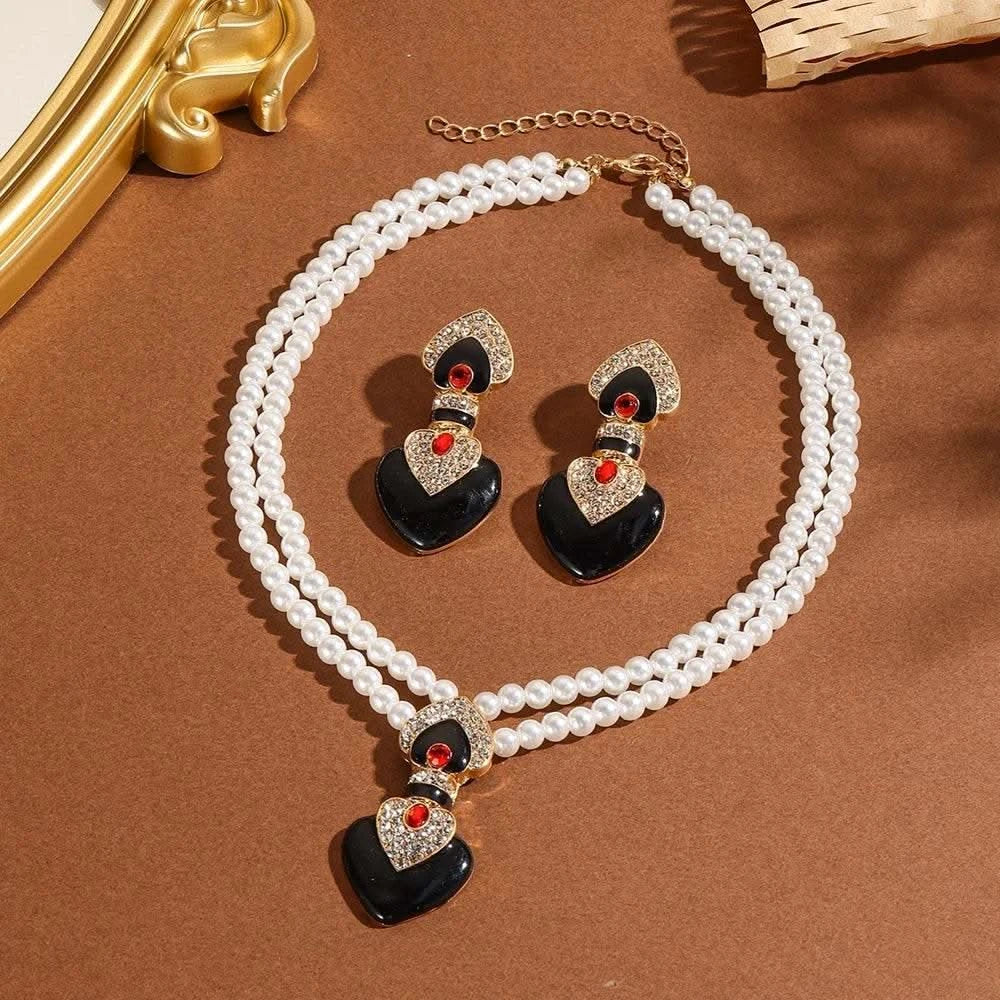 Bride Wedding Jewelry Set Elegant Enamel Rhinestone Love Imitation Pearl Beaded Necklace and Earrings Women's Party Accessories - M & M Global