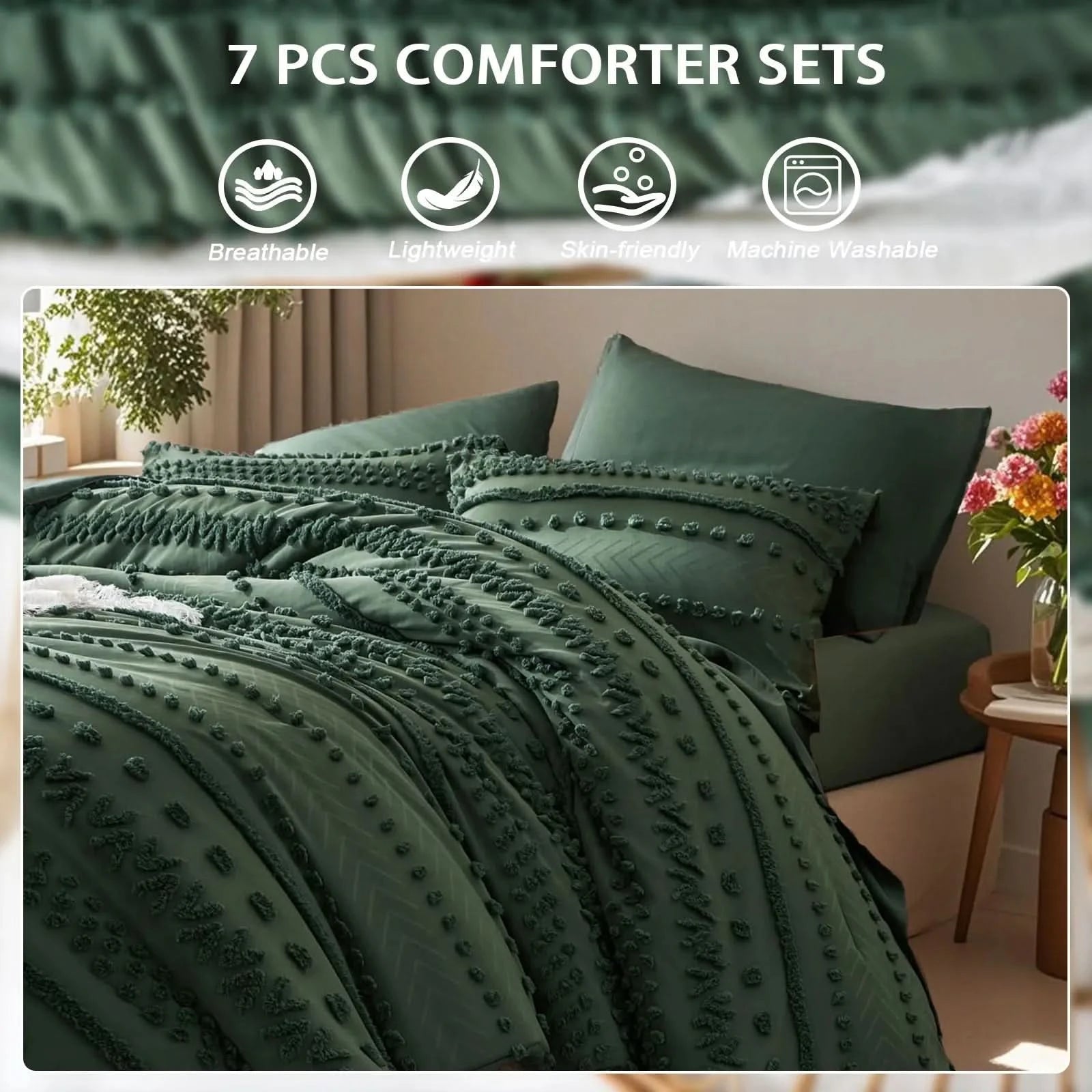 Green textured comforter set on a bed with room decor, featuring text about comforter sets.
Queen size bedding set

Tufted comforter set

Microfiber bed set

Luxury bedding gift

All-season quilt set

Soft and cozy bed set

Hypoallergenic bedding

Easy care bedding

Full queen bed ensemble
