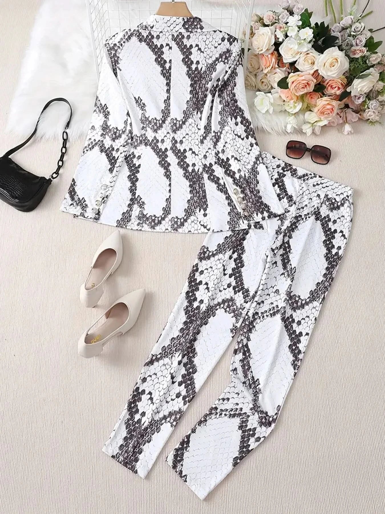 Women's Gradient Color and Snake Print Business Casual Two-Piece Suit Set, Double Breasted Long Sleeved Lapel Suit Jacket and Hi