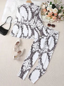 Women's Gradient Color and Snake Print Business Casual Two-Piece Suit Set, Double Breasted Long Sleeved Lapel Suit Jacket and Hi