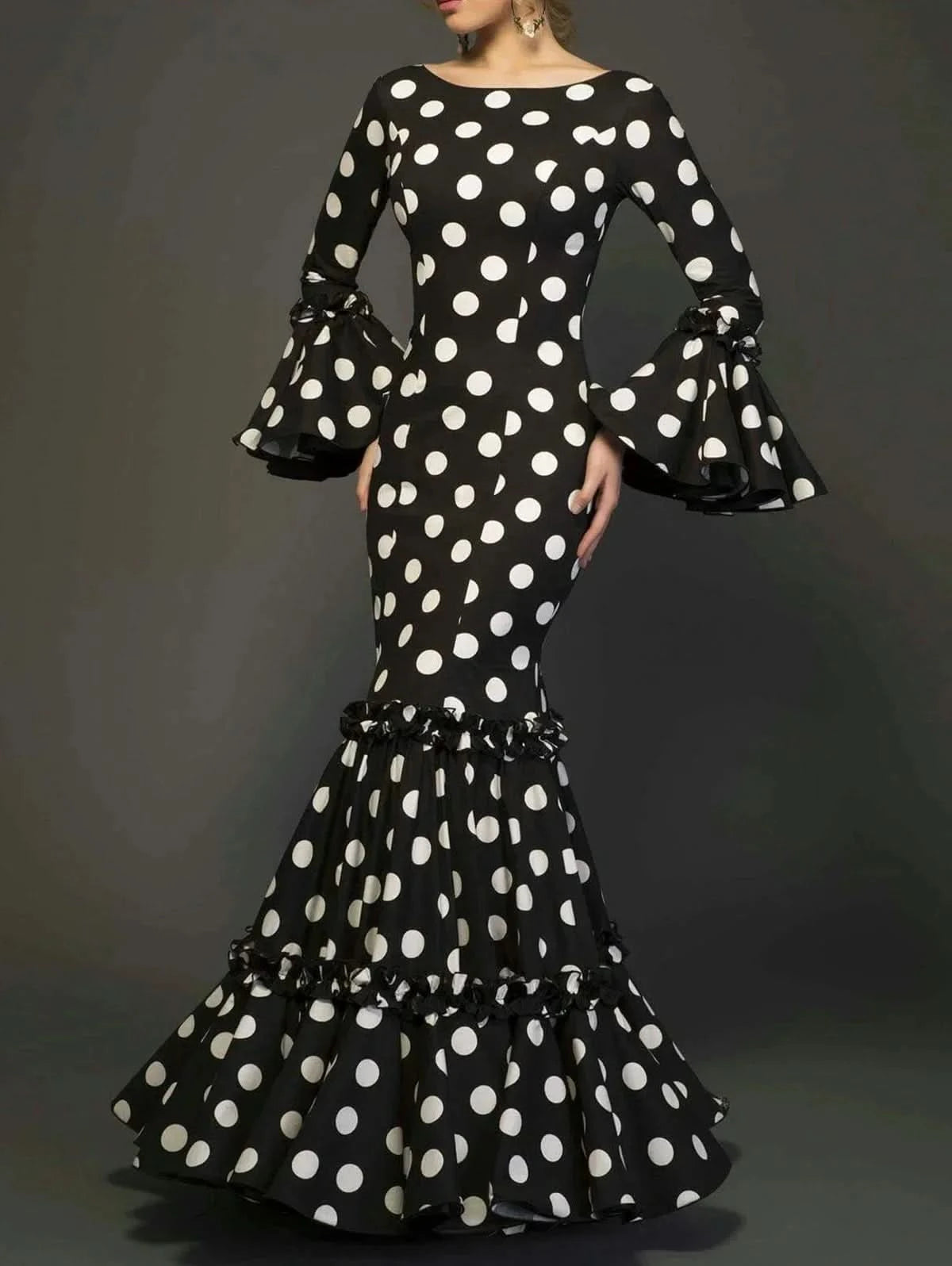 Polk Dot Print Long Dress for Women Flare Sleeve Ruffle Elegant Trumpet Dress Slim Round Neck Vintage Autumn Female Dresses 2024 - M & M Global