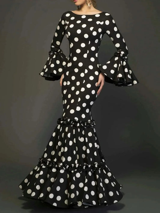Polk Dot Print Long Dress for Women Flare Sleeve Ruffle Elegant Trumpet Dress Slim Round Neck Vintage Autumn Female Dresses 2024 - M & M Global