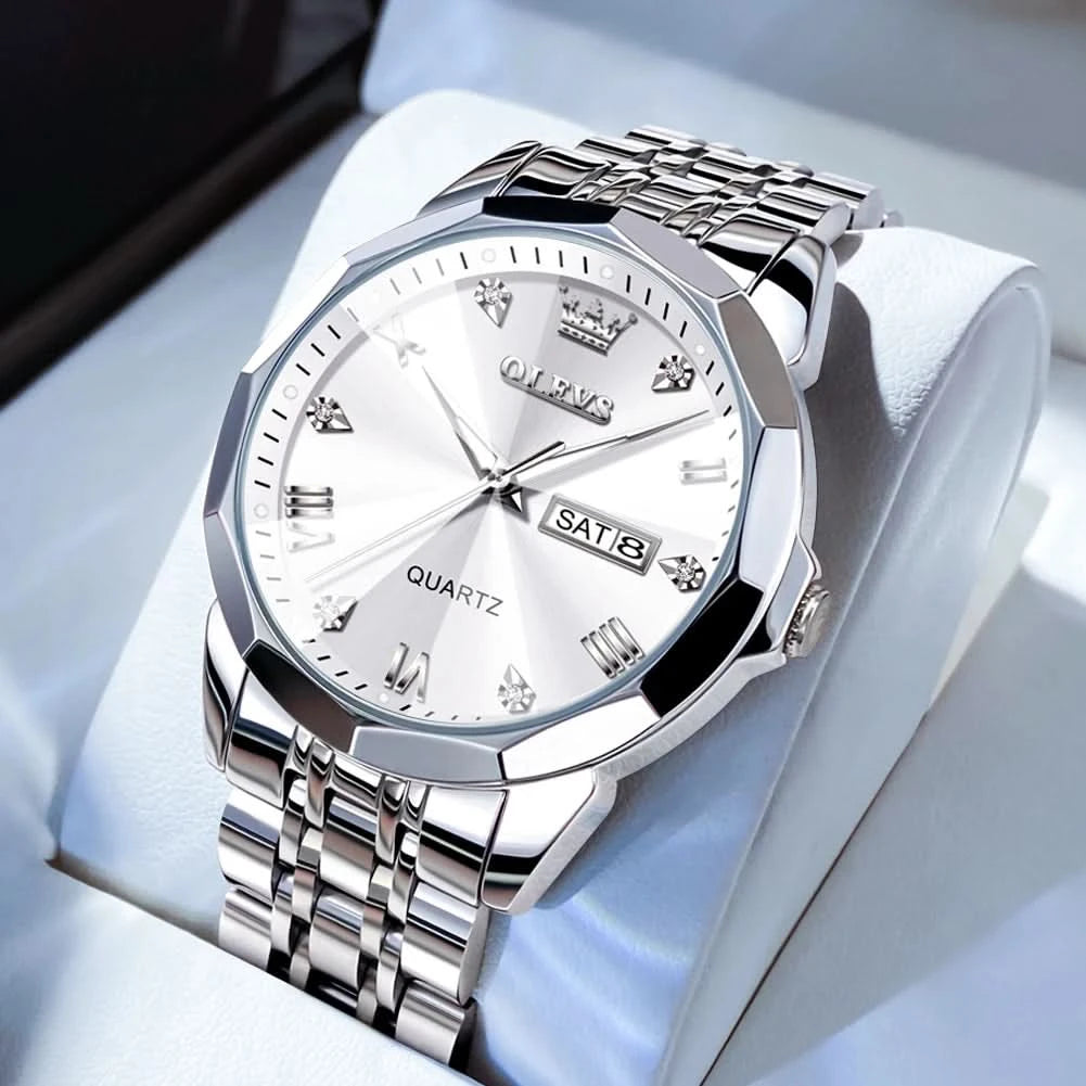 OLEVS Men's Watches Causal Fashion Original Quartz Watch for Man Waterproof Stainless Steel Luminous Date Week Trend Dress Reloj - M & M Global