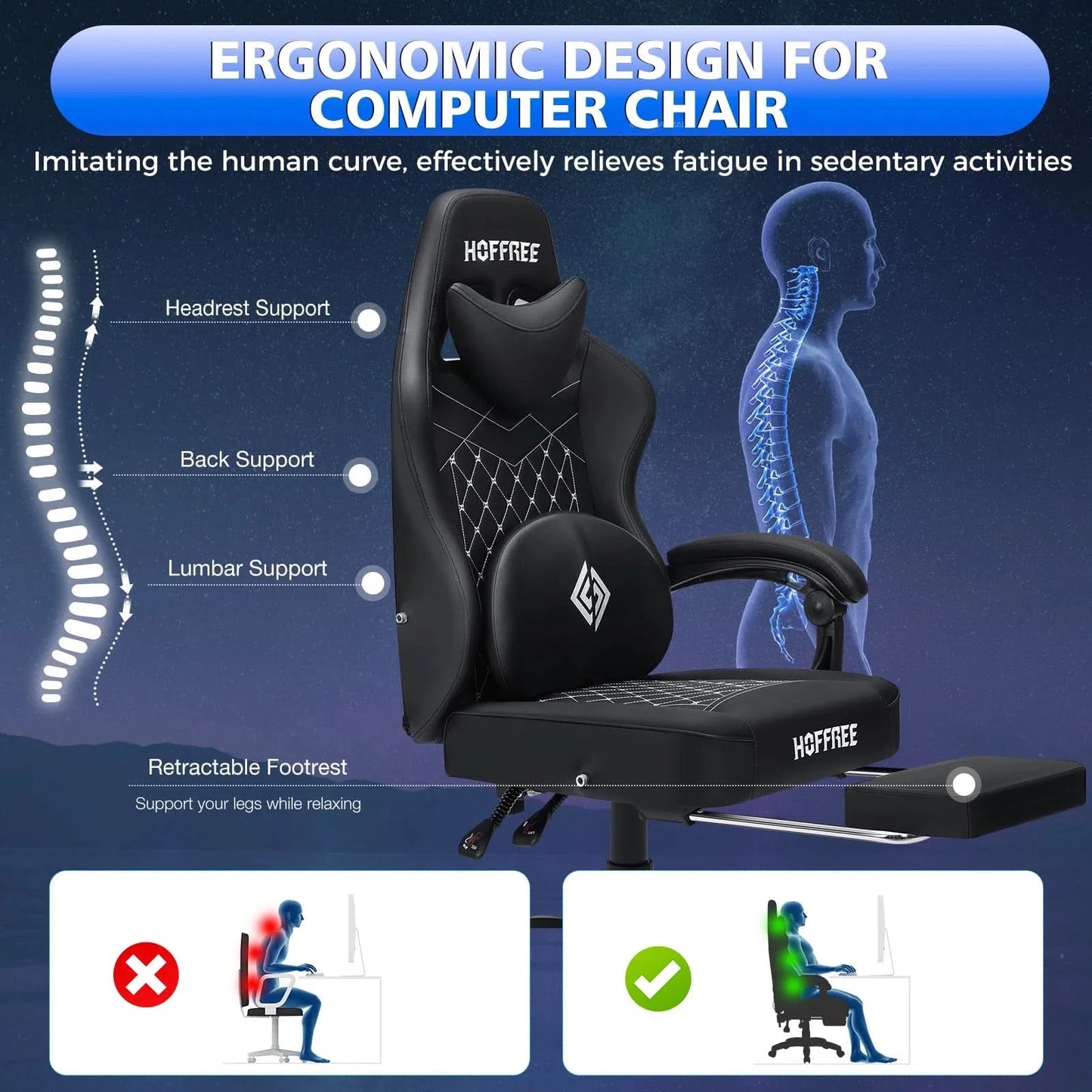 Gaming Chair with bluetooth Speakers RGB LED Lights Ergonomic Massage Video Game Chair with Footrest High Back w/ Lumbar Support