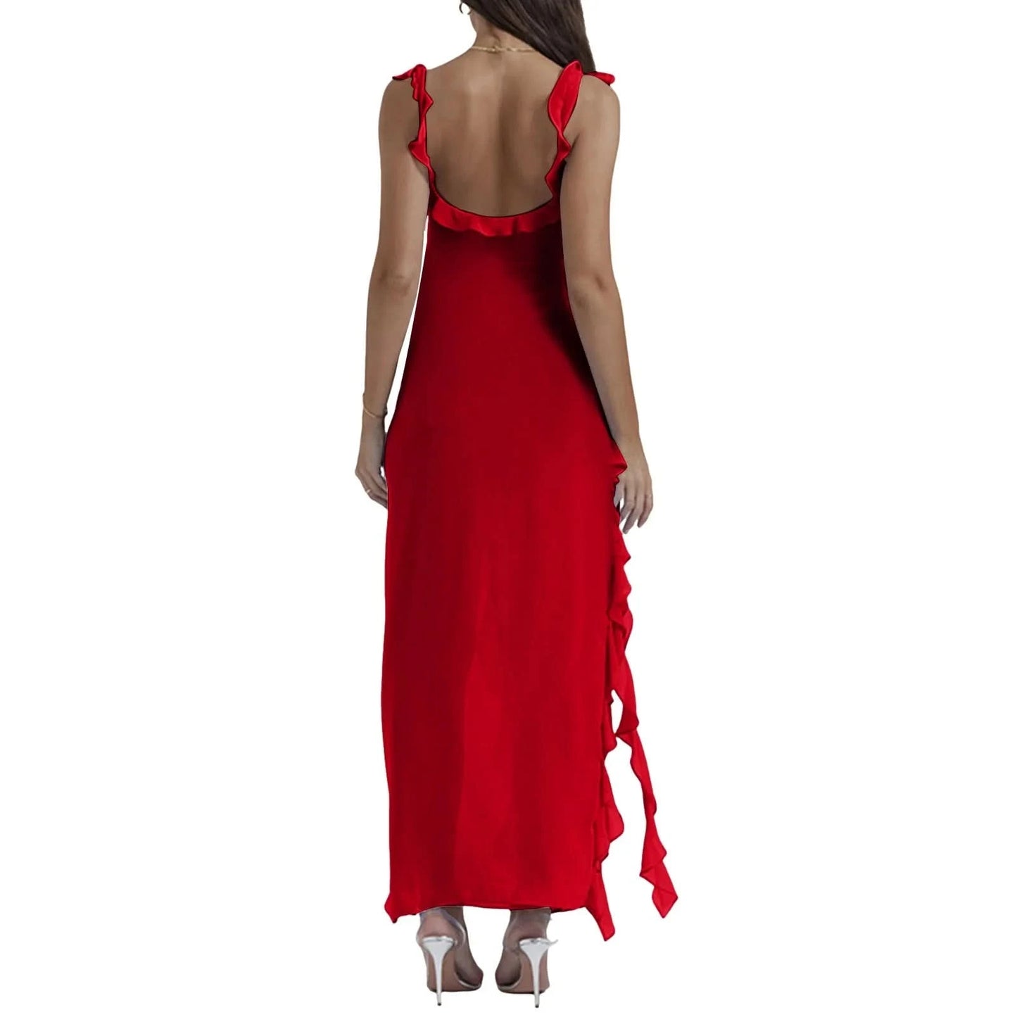 Elegant High Slit Streamer Ladies Dress Sexy Square Neck Slip Dresses Hot Girl Style Long Dress Ruffle Irregular Party Dresses - M & M Global