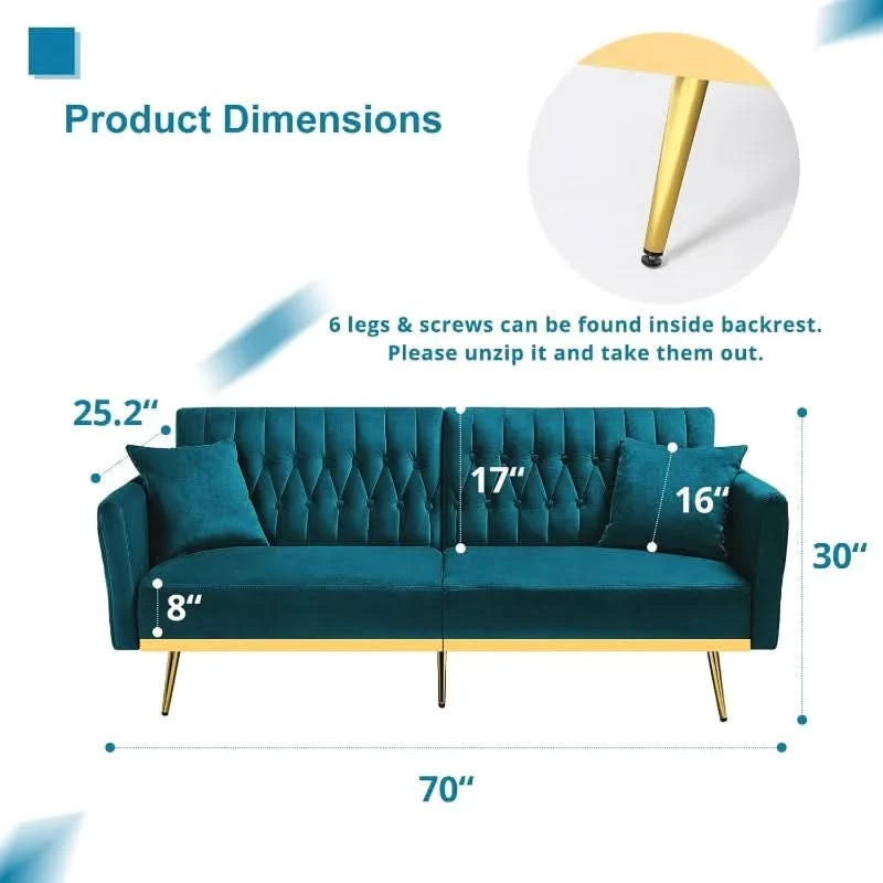 70” Velvet Futon Sofa Bed w/Adjustable Armrests and Backrest, Convertible Futon Couch w/2 Pillows, Modern Sleeper Bed for Living