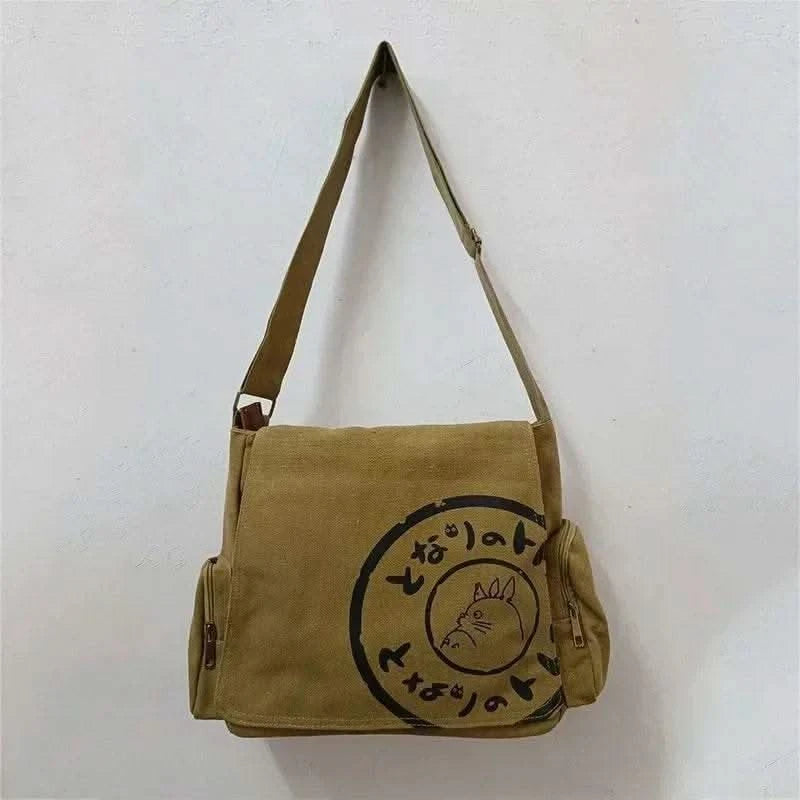 Canvas Messenger Handbag Large Capacity Washed Women Oblique Straddle Canvas Bag Simple Vintage Cartoon Leisure Shoulder Handbag - M & M Global