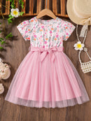 Girls' Fashionable and Simple Summer Outfit, Little Girl's Floral All-Over Print Mesh Cinched Waist Mid-Length Dress, Girls' Everyday Versatile Stylish Sweet and Energetic Children's Clothing, Young Girl's Outdoor Travel Eleg