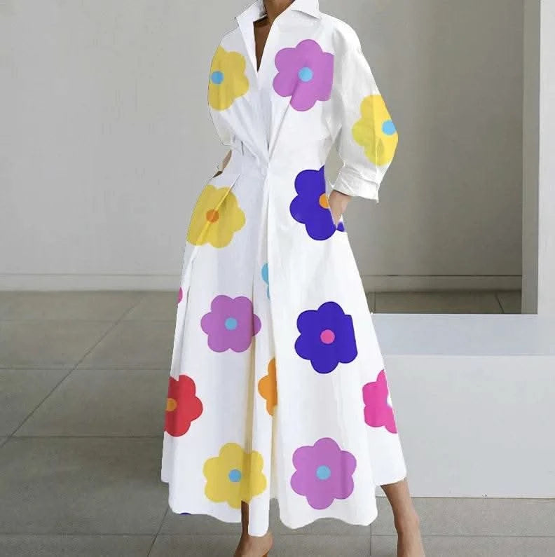 Autumn Dress Long Sleeve Dot Print Elegant Maxi Dresses For Women 2023 White Casual V Neck Shirt Party Long Dress Robe Femme - M & M Global