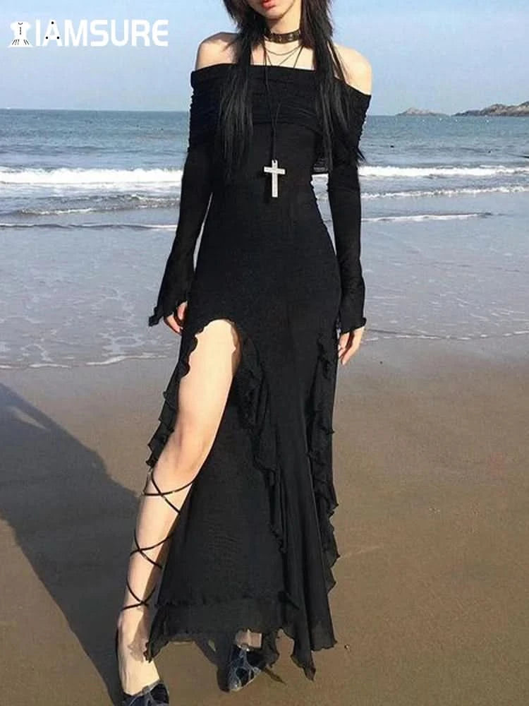 IAMSURE Elegant Fashion Dark Ruffles Split Long Dress Gothic Slash Neck Long Sleeve Maxi Dresses For Women 2023 Holiday Beach - M & M Global