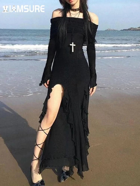 IAMSURE Elegant Fashion Dark Ruffles Split Long Dress Gothic Slash Neck Long Sleeve Maxi Dresses For Women 2023 Holiday Beach - M & M Global