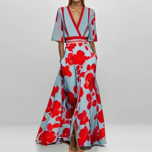 Spring Summer Women Fashion V Neck Belted Party Long Dress Sexy Printing  Boho Maxi Dresses Short Sleeve Pocket Femlae Holiday - M & M Global