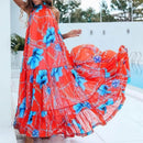 Sexy Summer Party Dress Women Fashion Bow Straps High Waist Pleated Beach Dress Chiffon Casual Floral Print Bohemian Long Dress - M & M Global
