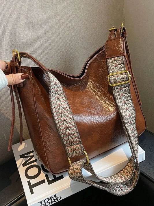 Women's Elegant Vintage Crossbody Bag,Trendy Plain Color Crossbody Bag withEthnic Pattern Strap, FashionableCrossbodv Bag - M & M Global