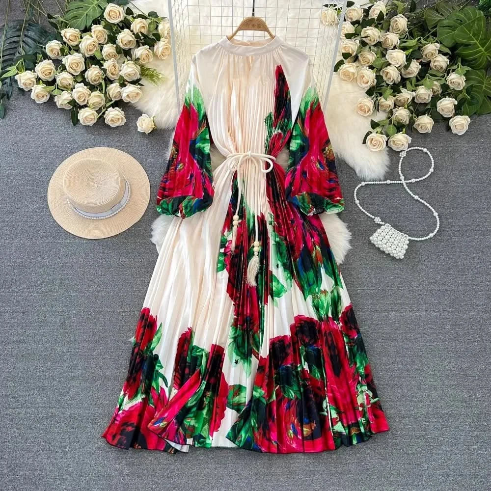 Spring Holiday Print Long Dress For Women Fashion Loose Lantern Sleeve Party Robe Female Big Swing Tassels Belt Pleated Clothes - M & M Global