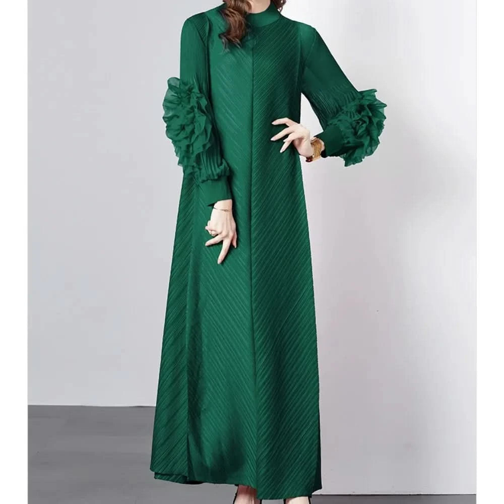 Sweet Pleated Vintage Three-dimensional Flower Loose Long Dress Chic Evening Korean Fashion Fashion Women Summer Dresses - M & M Global