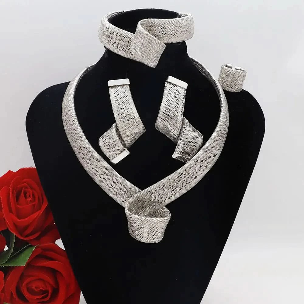 Women's Jewelry Sets Gold Plated Sprial Necklaces Simple Earrings Italian Fashion Rings Bracelets Wedding Accessories - M & M Global