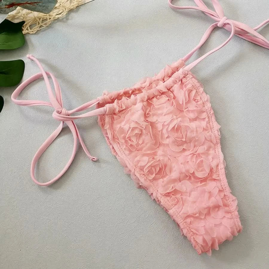 Women's Sexy 3 Piece Bikini Set 3D Flower Beach Skirt Swimsuit Pure Pink Triangle Halter Backless Thong Swimwear 2025 Summer New - M & M Global