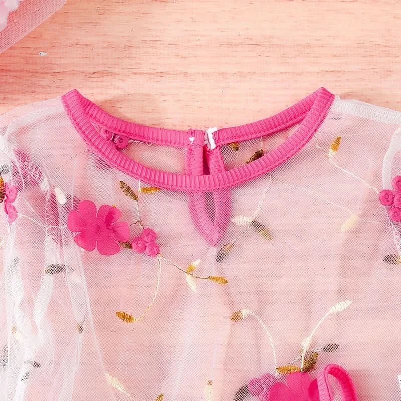 Kid Girl 2-7 Years old Long Sleeve Top Floral embroidery mesh Suspenders Skirt Princess Dresses Summer Outfit Clothing Set - M & M Global