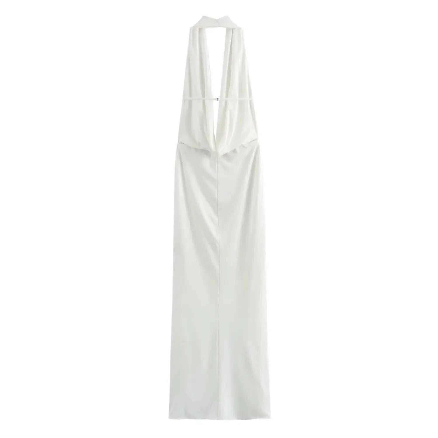 TRAFZA 2024 Woman Halter Off Shoulder Backless Long Dress Female Folded Decoration Hanging Neck V-neck Open Back Evening Dress - M & M Global