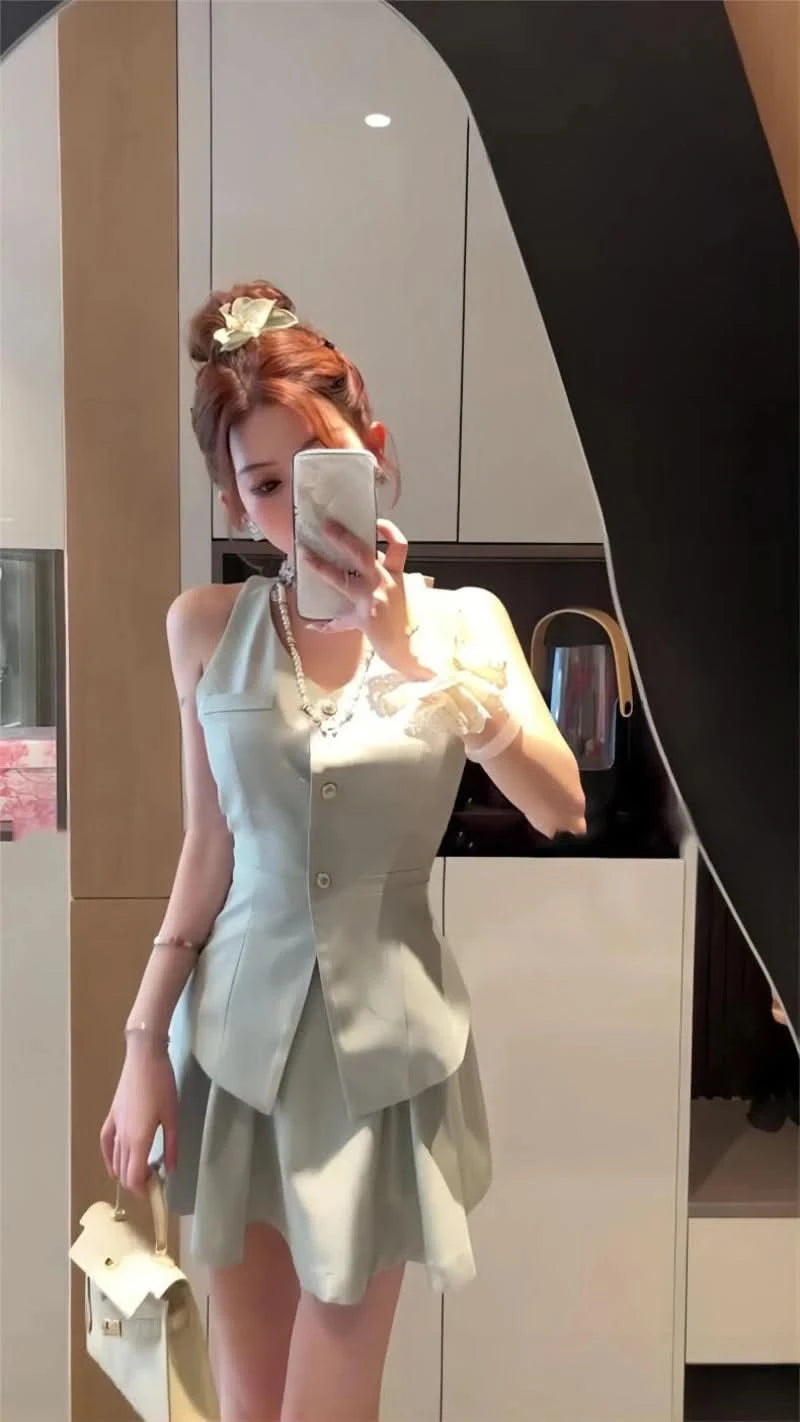 French Spicy Bow Splice Vest Pleated Skirt Two Piece Set Women Backless V-Neck Single Breasted Celebrity Fashion Slim Summer Set - M & M Global