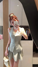 French Spicy Bow Splice Vest Pleated Skirt Two Piece Set Women Backless V-Neck Single Breasted Celebrity Fashion Slim Summer Set - M & M Global