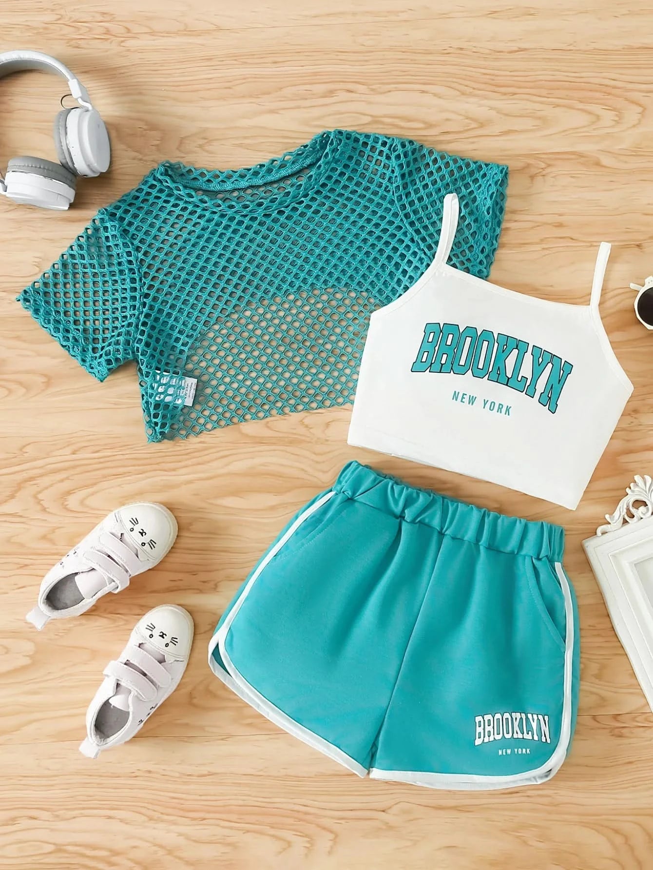 Girls Three-Piece Clothing New Breathable Summer Thin Fashion Short-Sleeved Mesh Top + Letter Printed Short Vest Suspender + Letter Printed Sports Shorts - M & M Global