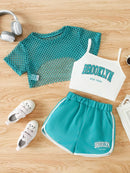 Girls Three-Piece Clothing New Breathable Summer Thin Fashion Short-Sleeved Mesh Top + Letter Printed Short Vest Suspender + Letter Printed Sports Shorts - M & M Global