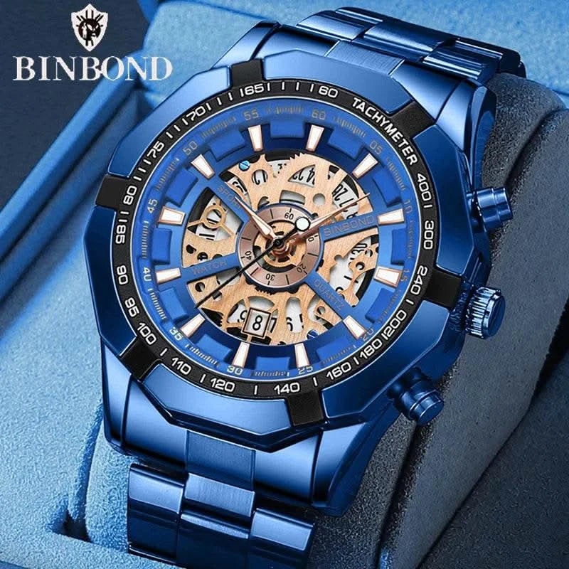 BINBOND Mens Quartz Watches Top Brand Luxury Stainless Steel Waterproof Hollow Out Blue Big Male Wristwatches Relogio Masculino - M & M Global