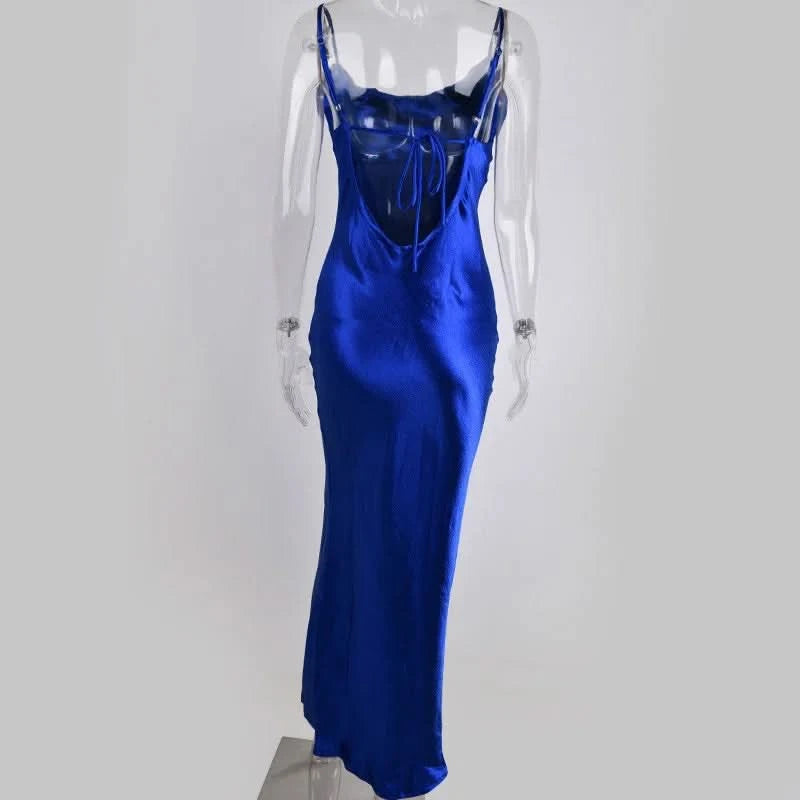 Sibybo Sexy Spaghetti Strap Backless Satin Dress Women Y2K Blue Lace Up Trumpet Long Dress Elegant Bodycon Party Dresses 2022 - M & M Global