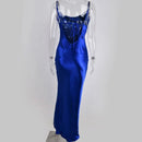 Sibybo Sexy Spaghetti Strap Backless Satin Dress Women Y2K Blue Lace Up Trumpet Long Dress Elegant Bodycon Party Dresses 2022 - M & M Global