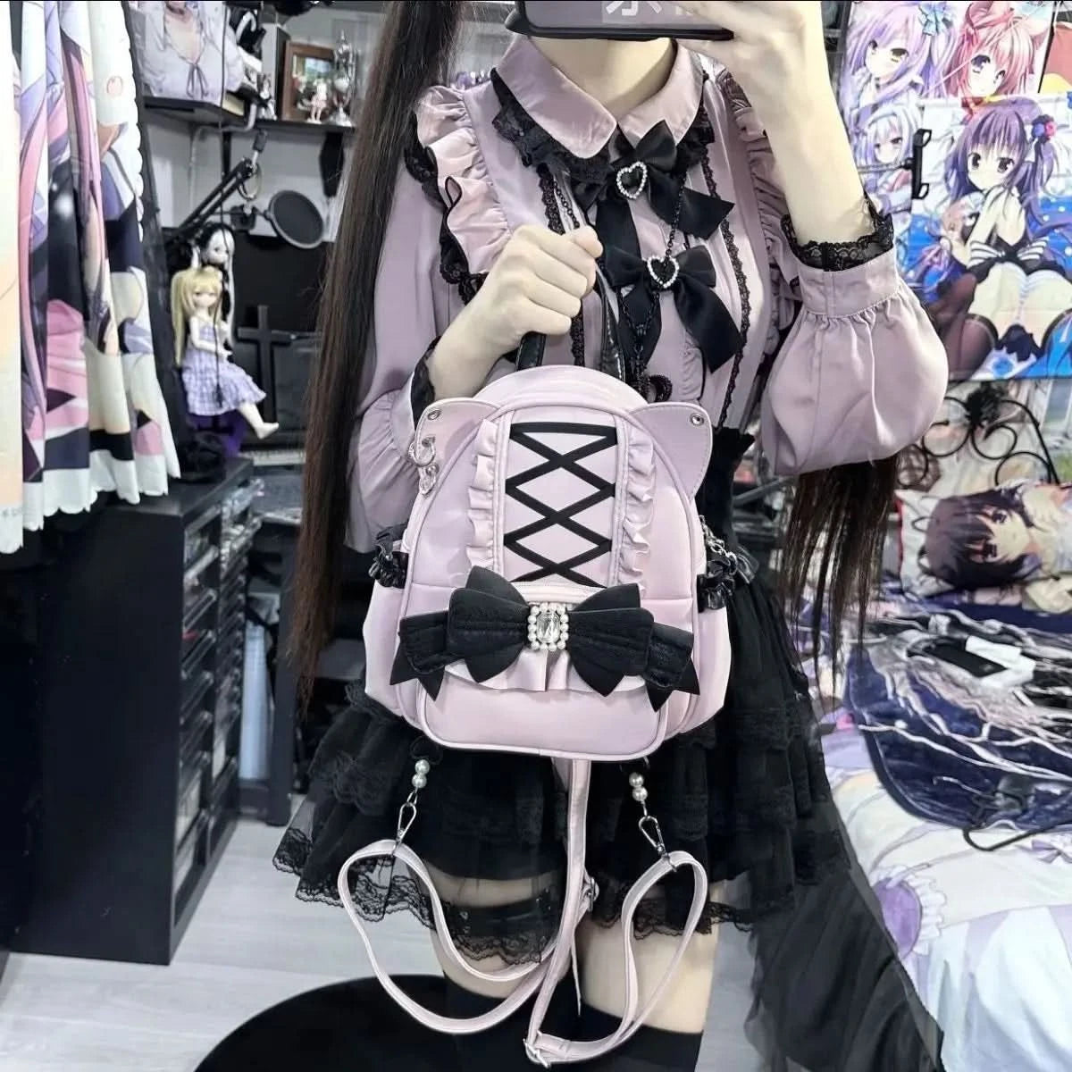 Korean Fashion Y2k Punk Backpack Lace Bow Cat Ear Lotus Lace Decoration Lolita Backbag PU Leather Large Capacity Women Backpack - M & M Global