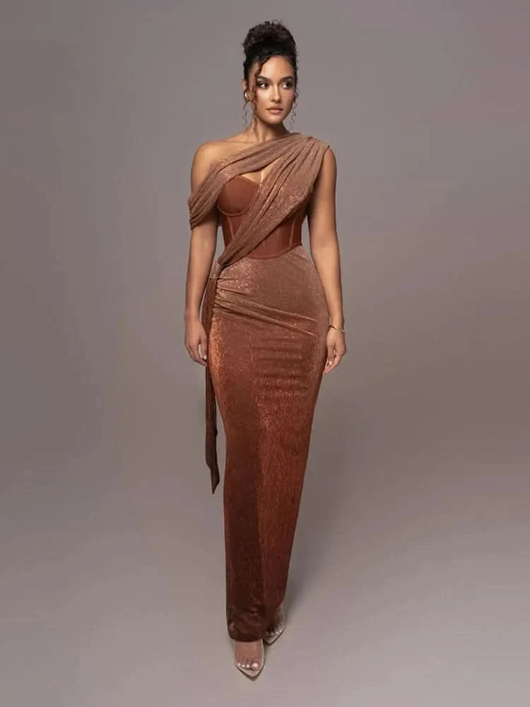 Sexy One Shoulder Draped Glitter Long Dress Women Brown Corset Sparkly Backless Bodycon Maxi Dresses Evening Party Gowns - M & M Global