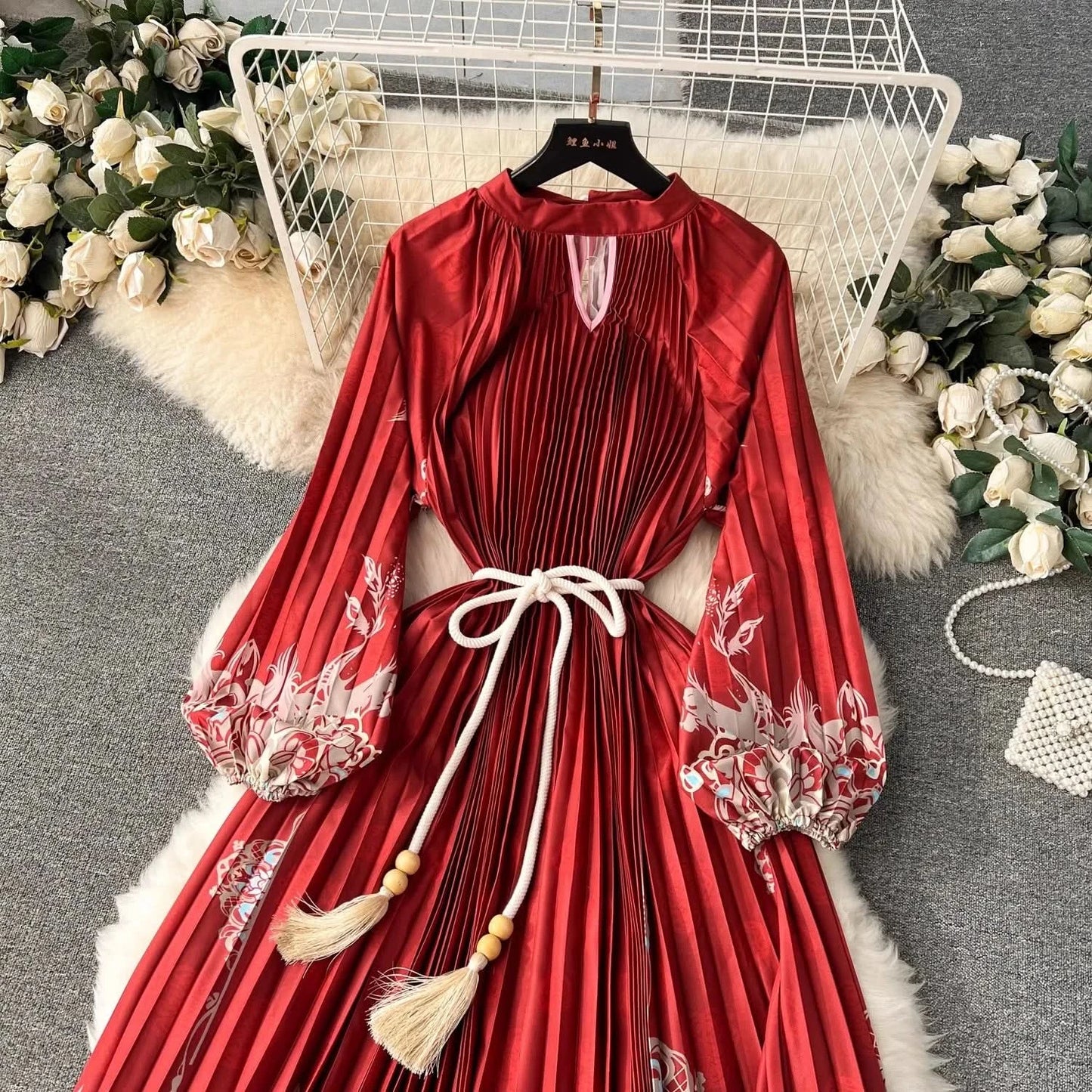 Spring Holiday Print Long Dress For Women Fashion Loose Lantern Sleeve Party Robe Female Big Swing Tassels Belt Pleated Clothes - M & M Global