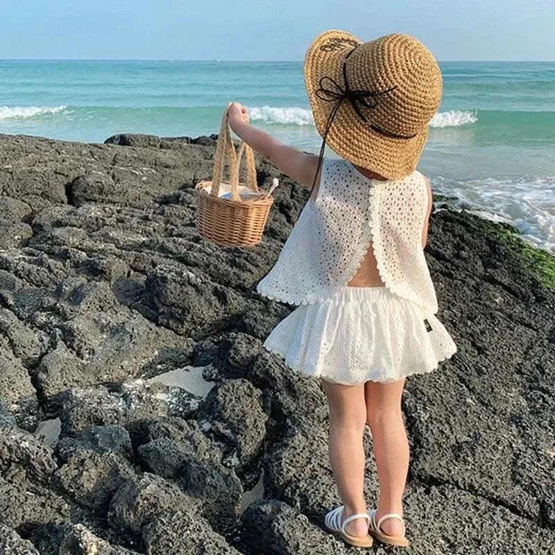 2PCS Kids Sets Summer Girl Clothes Children Hollow Lace Sleeveless Tops Shorts Set Fashion Baby Girl Cardigan Fake Two Suit - M & M Global