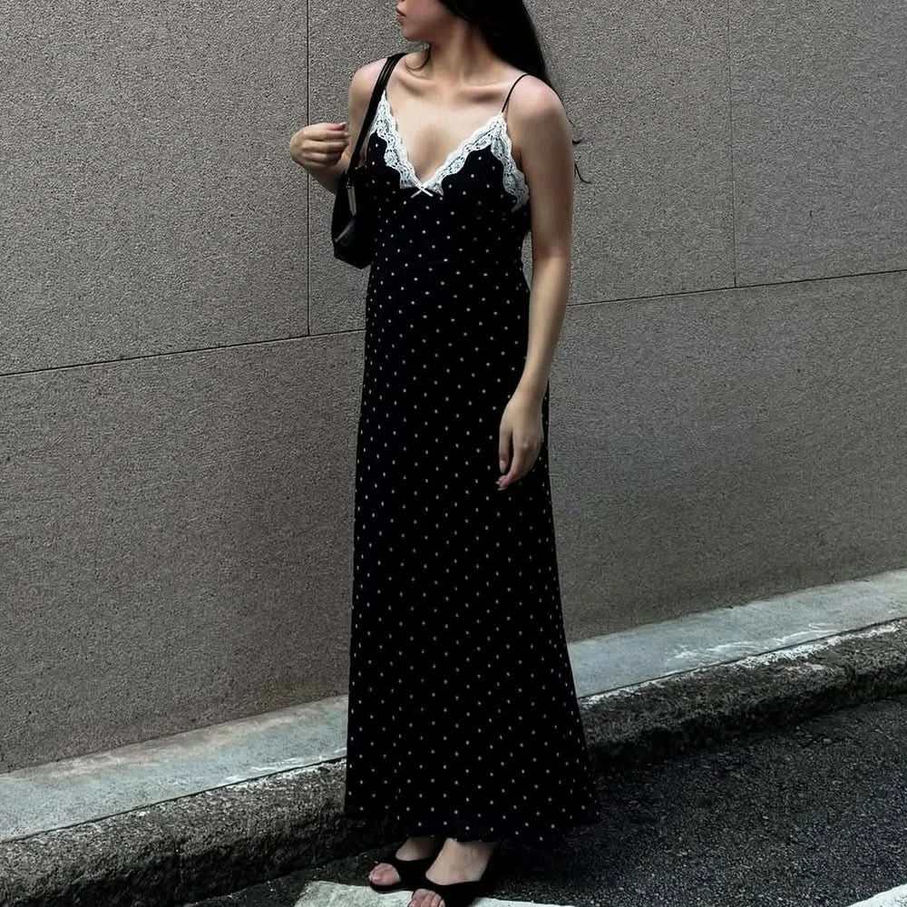 Tuularose Lace Spaghetti Strap Long Dress Women's Elegant Retro V-Neck Polka Dot Sleeveless Dress Summer Patchwork Party Dress - M & M Global
