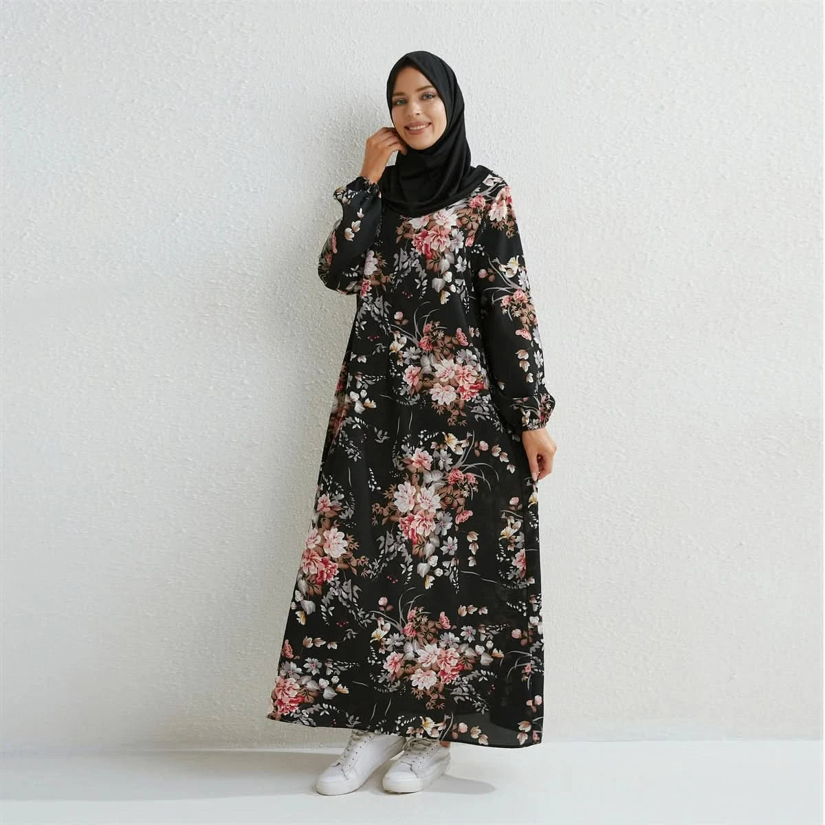 Muslim Dresses Women Maxi Dresses Mujer Vestidoes Female Loose Dresses Full Sleeve Printed Floral Casual Robe Long Dress - M & M Global