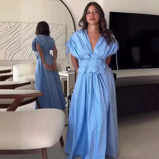 Blue V-Neck Waist-Fitted Bow-Decored Long Dress For Women Fashionable And Elegant European And American Style - M & M Global