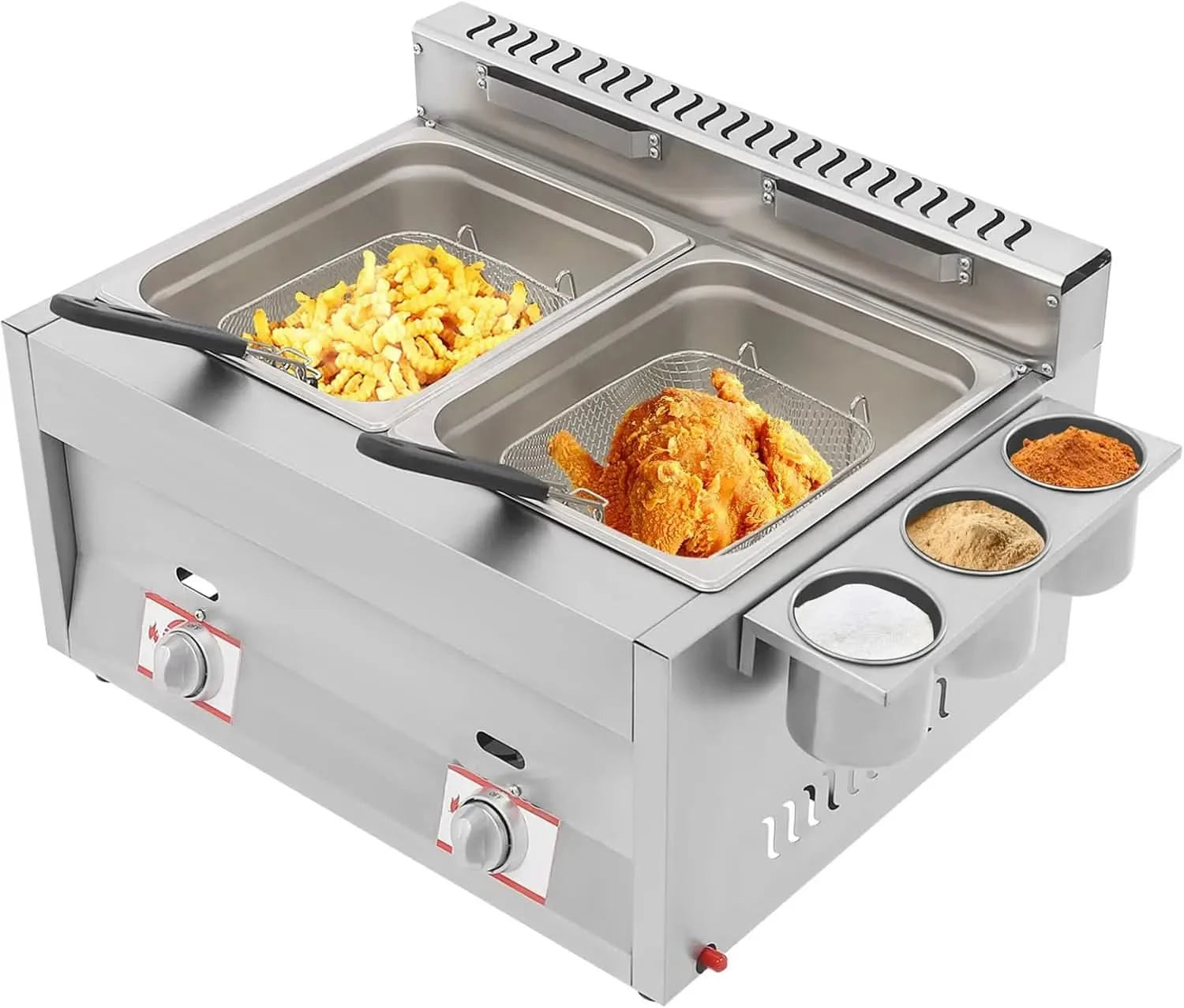 Commercial Gas Deep Fryer, 12L Stainless Steel Countertop Oil Fryer Dual Tank Kitchen Fat Fryer with Removable Baskets & Seasoni - M & M Global
