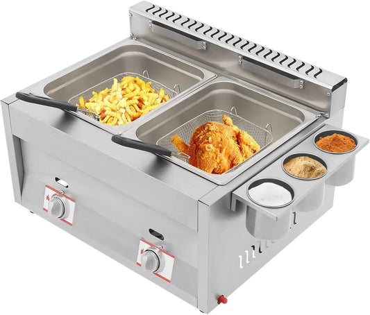 Commercial Gas Deep Fryer, 12L Stainless Steel Countertop Oil Fryer Dual Tank Kitchen Fat Fryer with Removable Baskets & Seasoni - M & M Global