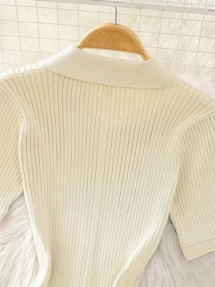 Summer 2024 New Women's Black Beige Single Breasted Knitted Long Dress Green Elegant Office Lady Short Sleeve Pleated Dress Chic - M & M Global