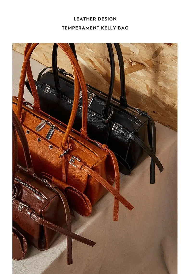 Genuine Leather Women's Baguette Bag Niche Retro Motorcycle Trend Cool belt Handbag New Luxury Design Shoulder Underarm Bag - M & M Global