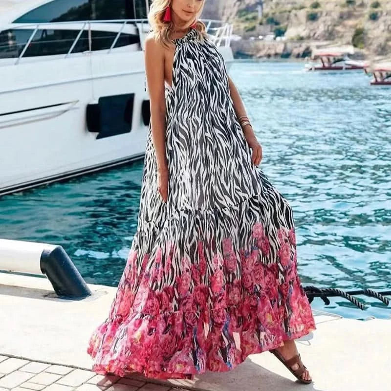 Sexy Summer Party Dress Women Fashion Bow Straps High Waist Pleated Beach Dress Chiffon Casual Floral Print Bohemian Long Dress - M & M Global