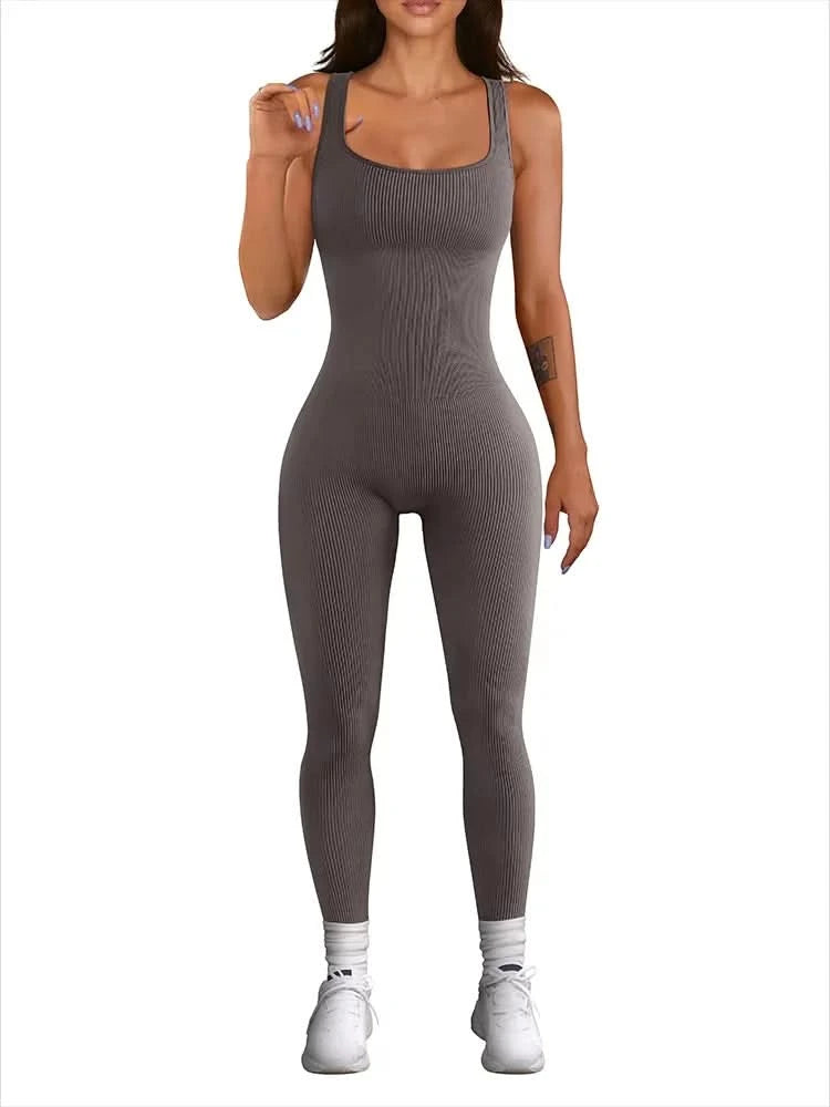 Women's Sleeveless Yoga Jumpsuit Exercise Ribbed Square Neck Vest High Waist  Fitness Sports One-piece Yoga Suit - M & M Global