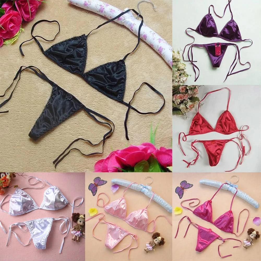 Sexy Lingerie Set Womens Satin Silk Thong Underwear Bra Panties T-back Lace Up Top Briefs Bikini Beach Swimming Bathing Suit - M & M Global