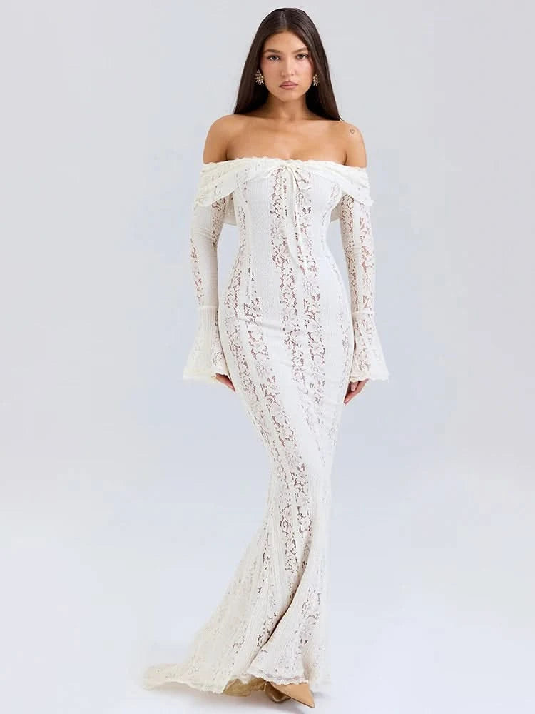 Mozision Floral Lace Off-shoulder Maxi Dress For Women White Strapless Backless Long Sleeve Bodycon Club Party Sexy Long Dress - M & M Global
