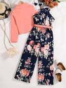 Spring and summer girls fashion outdoor leisure vacation 2-piece pink suit + loose halter high waist one-piece pants dress set