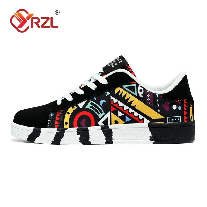 YRZL Men's Sports Running Shoes Canvas Geometric Style Lace-Up Sneakers Couples' Fashionable Graffiti Print Skate Shoes Men - M & M Global